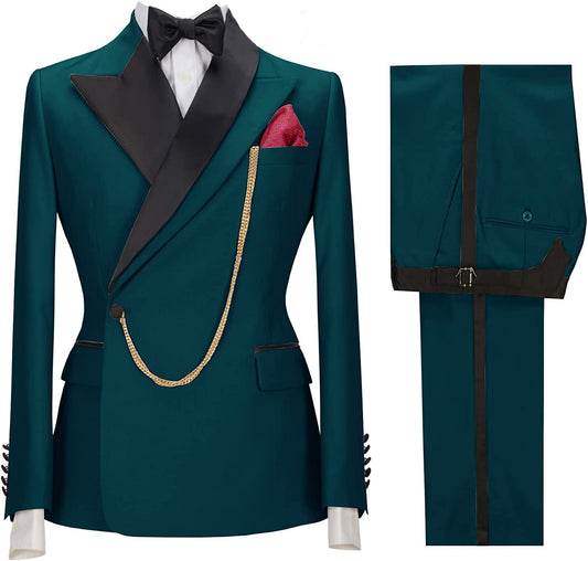 Jared Glamorous Teal Blue Peaked Lapel 2-Piece Prom Suit