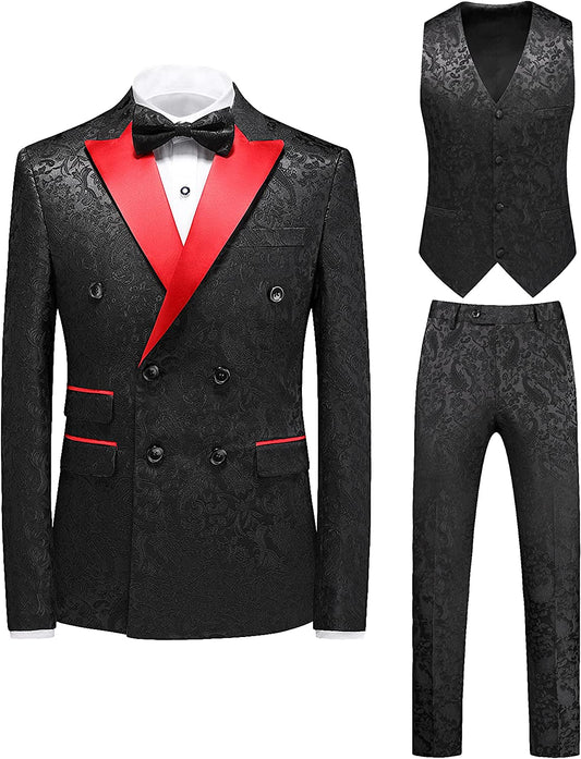 Johnson Formal Black Jacquard Double Breasted 3-Piece Prom Suit