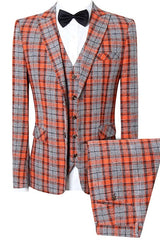 Joyce Orange Plaid Peaked Lapel 3-Piece Chic Business Suit