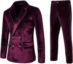 Kemp Glamorous Burgundy Notched Lapel Double Breasted Velvet Prom Suit