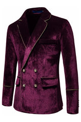 Kemp Glamorous Burgundy Notched Lapel Double Breasted Velvet Prom Suit