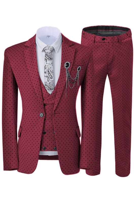 Hyman Chic Burgundy Notched Lapel 3-Piece Prom Suit with Black Dot