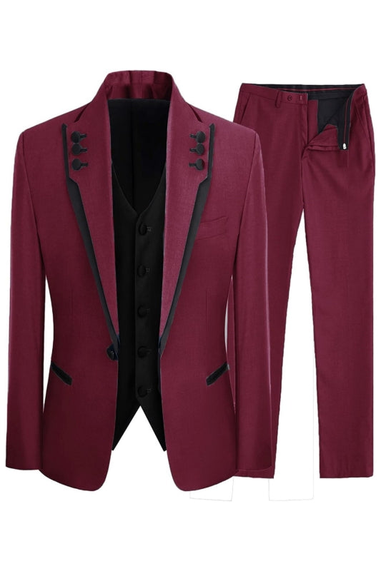 Jean Burgundy Three-Piece Shawl Lapel Prom Suit