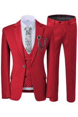 Ingram Glamorous Red Notched Lapel 3-Piece Prom Suit with Black Dot