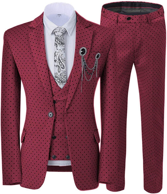 Hyman Chic Burgundy Notched Lapel 3-Piece Prom Suit with Black Dot