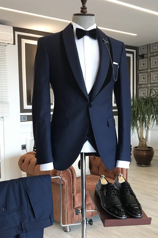 Nelson Navy Blue Shawl Lapel 3-Piece Bespoke Wedding Suit