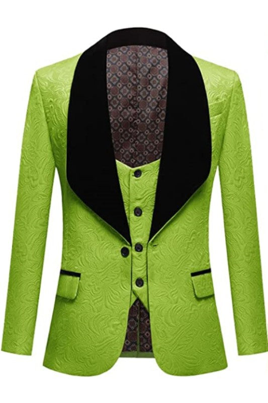 Lou Stylish Green 3-Piece Jacquard Wedding Suit with Black Velvet Shawl Lapel