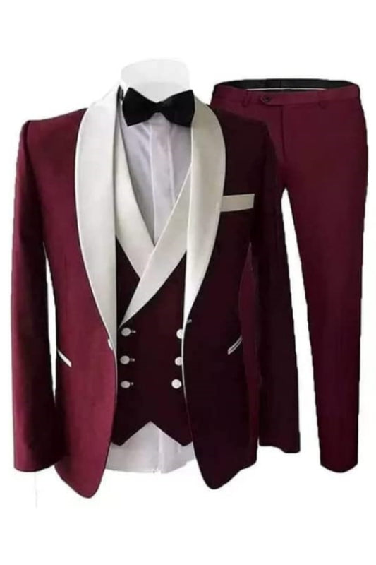 Burgundy Three-Piece Shawl Lapel Wedding Suit