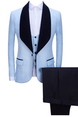 Sky Blue Three-Piece Shawl Lapel Jacquard Wedding Suit