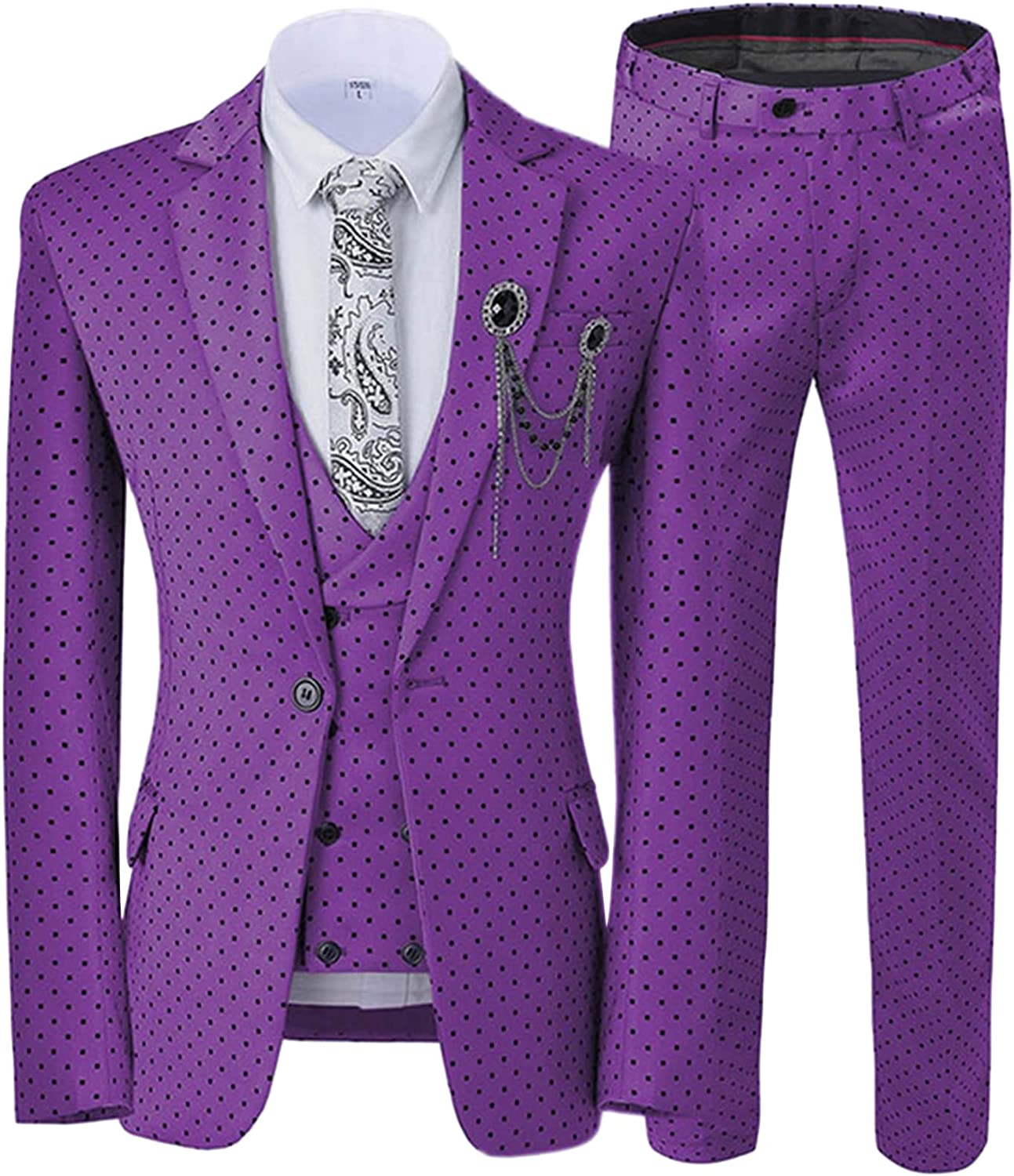 Maximilian New Arrival Purple Notched Lapel 3-Piece Dot Prom Suit for Men