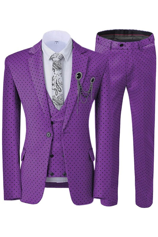 Maximilian New Arrival Purple Notched Lapel 3-Piece Dot Prom Suit for Men