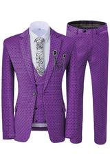 Maximilian New Arrival Purple Notched Lapel 3-Piece Dot Prom Suit for Men