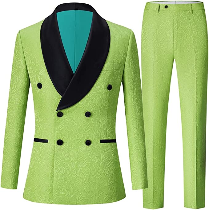 Louis Green Double-Breasted Jacquard Wedding Suit with Black Velvet Shawl Lapel