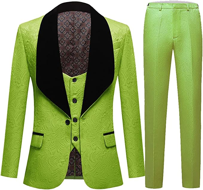 Lou Stylish Green 3-Piece Jacquard Wedding Suit with Black Velvet Shawl Lapel