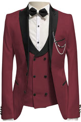 Burgundy Three-Piece Peaked Lapel Prom Suit