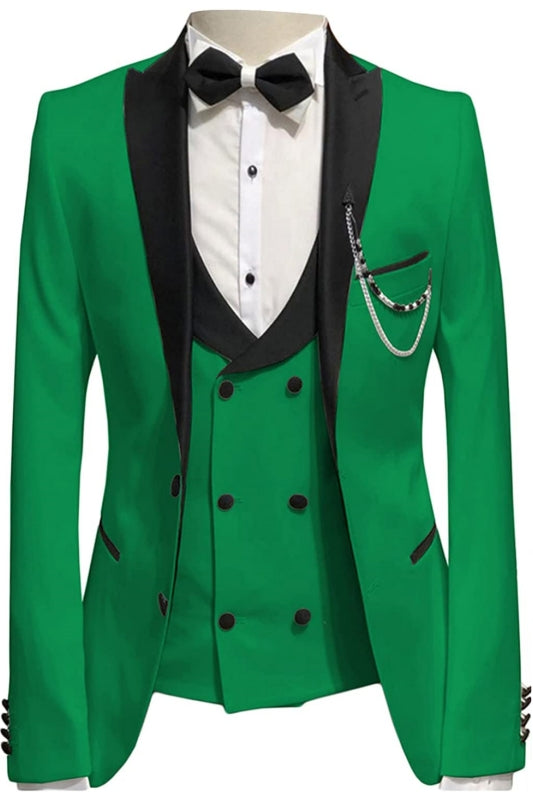 Green Three-Piece Peaked Lapel Prom Suit