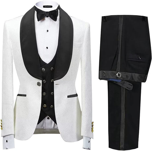 Black Three-Piece Shawl Lapel Jacquard Wedding Suit