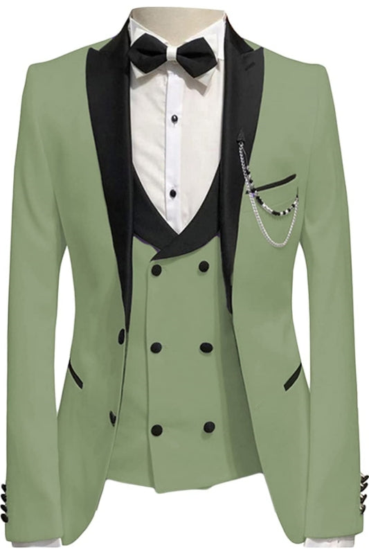 Olive Green Three-Piece Peaked Lapel Prom Suit