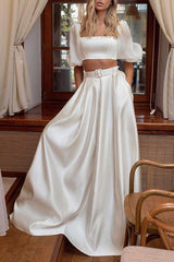 2pcs Square Neckline Wedding Dress with A line Flutter Sleeves