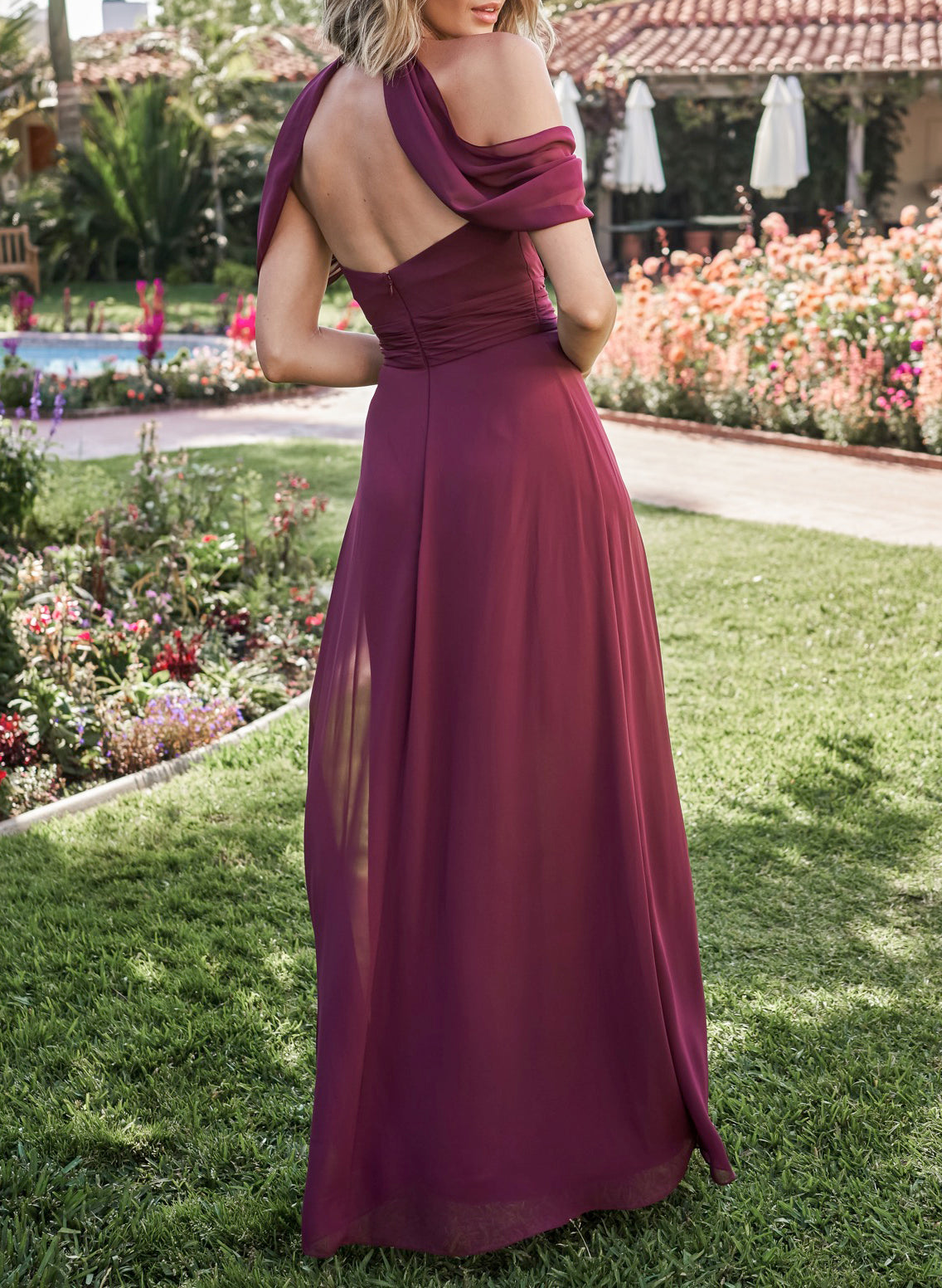 Off-the-Shoulder A-Line Bridesmaid Dresses With Open Back Chiffon