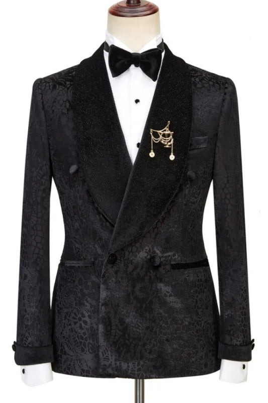 Terrence Bespoke Black Jacquard Double Breasted Wedding Suit with Velvet Shawl Lapel