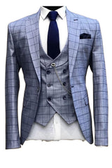 Rachel Bespoke Blue Peaked Lapel 3-Piece Plaid Business Suit