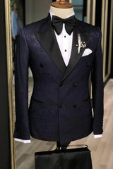 Roy Stylish Black Jacquard Peaked Lapel Double Breasted Prom Suit