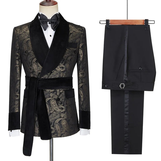 Scott Classic Black Shawl Lapel Double Breasted Jacquard Wedding Suit