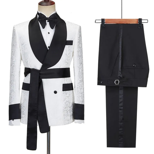 Sean Simple White Double Breasted Jacquard Wedding Suit with Black Shawl Lapel