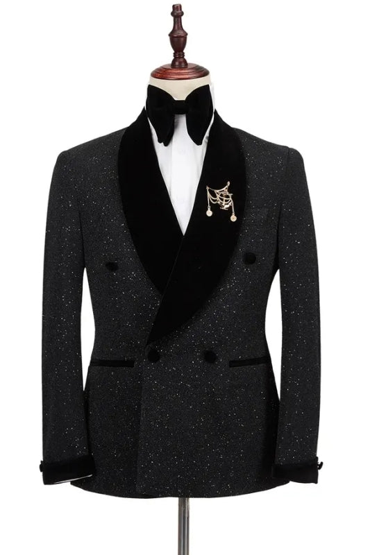 Steward Classic Black Sequins Double Breasted Wedding Suit with Velvet Shawl Lapel