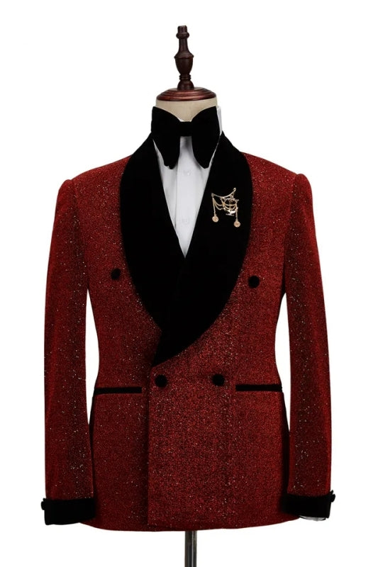 Steve Chic Burgundy Sequins Double Breasted Wedding Suit with Black Velvet Lapel