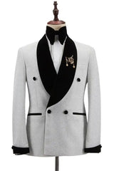 Stewart Fancy White Sequins Double Breasted Wedding Suit with Black Velvet Lapel