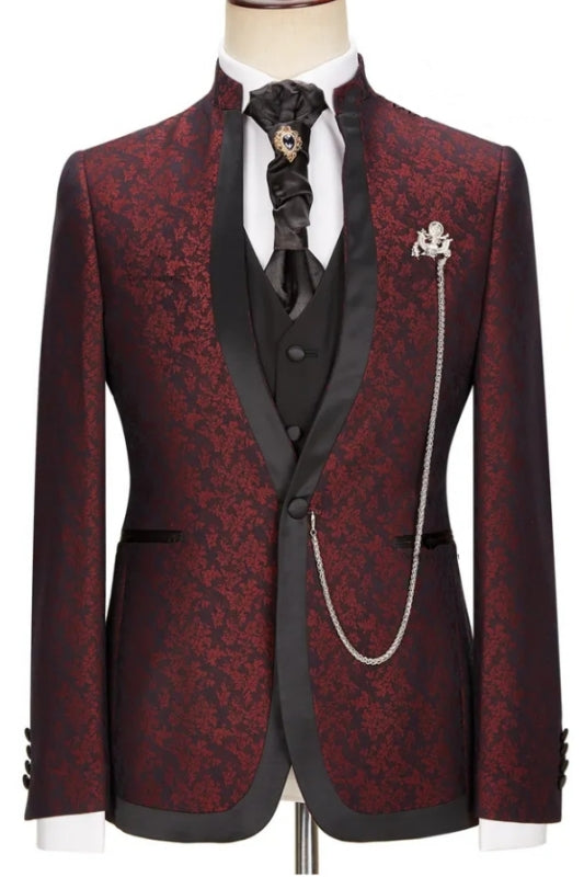 Tate Newest Burgundy Jacquard Shawl Lapel 3-Piece Wedding Suit