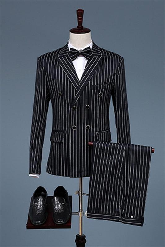 Pete Formal Black Peaked Lapel Double Breasted Striped Business Suit