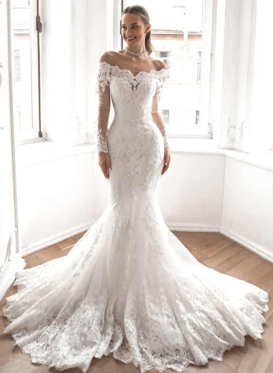 Elegant Lace Long Sleeve Off-Shoulder Bridal Gowns