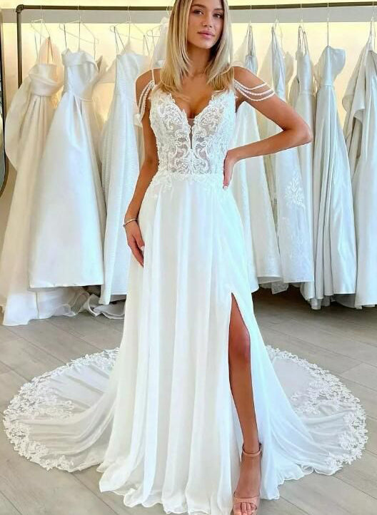 Boho Lace Open Back Wedding Dresses With Slit