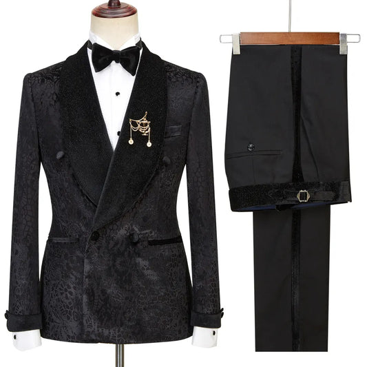 Terrence Bespoke Black Jacquard Double Breasted Wedding Suit with Velvet Shawl Lapel