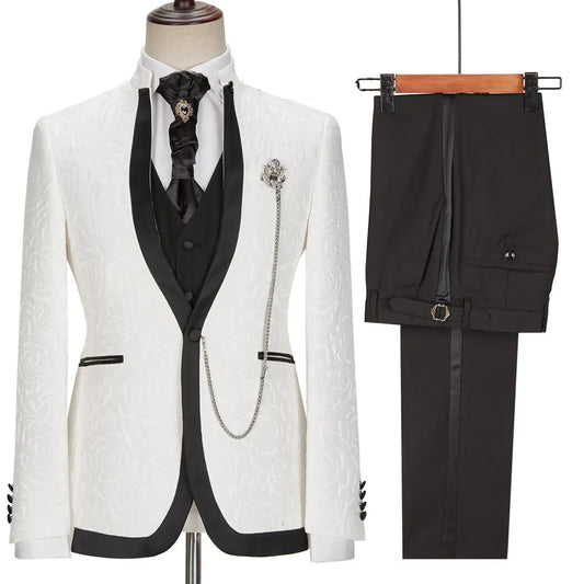 Tanner Glamorous White Jacquard Shawl Lapel 3-Piece Wedding Suit