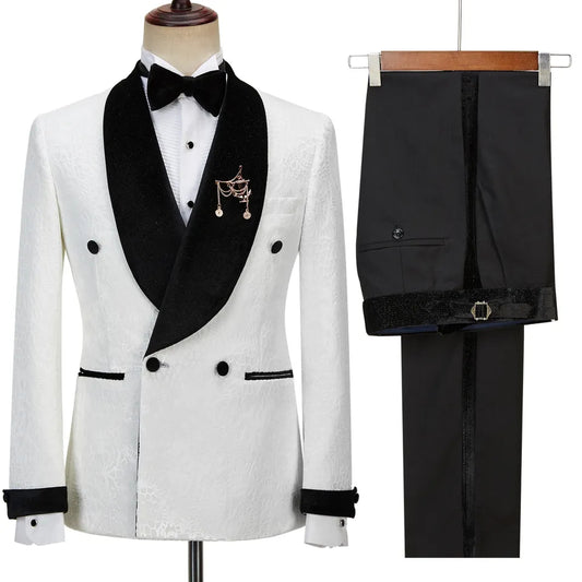 Ted Fancy White Jacquard Double Breasted Wedding Suit with Black Velvet Lapel