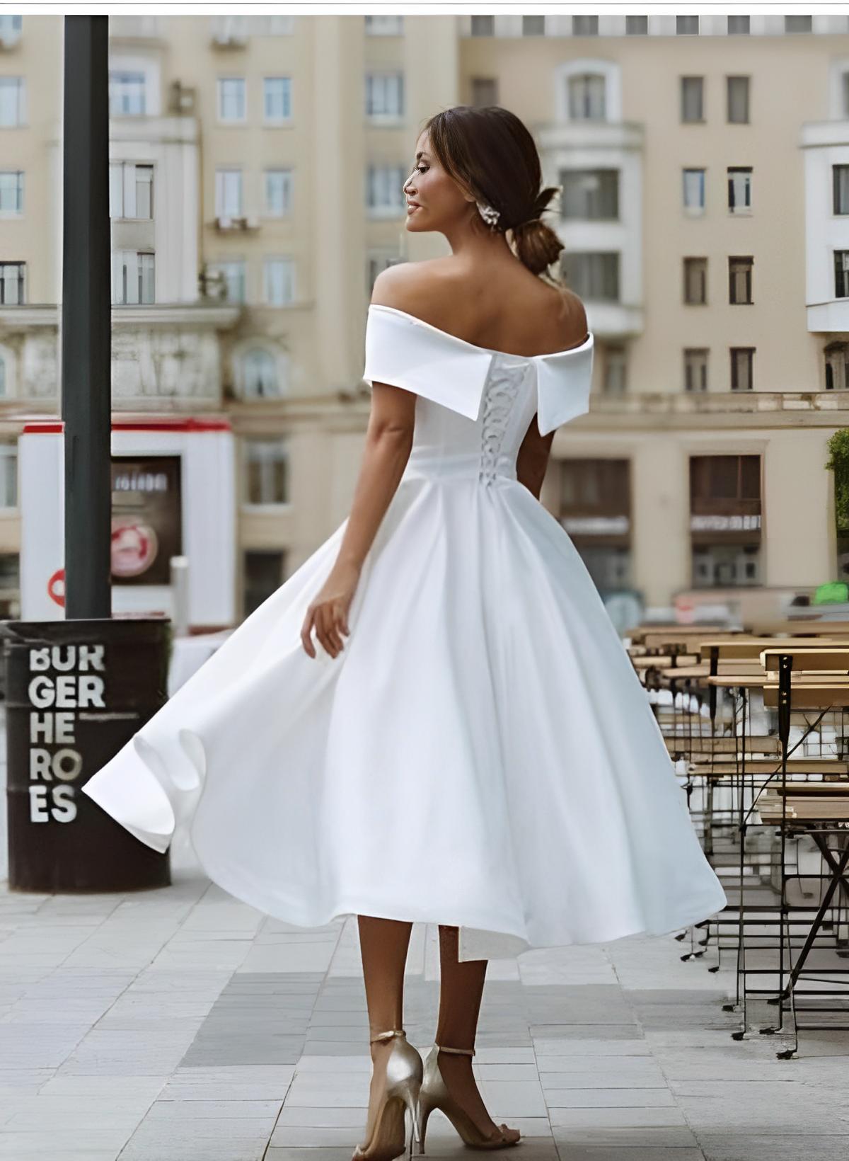 Off-The-Shoulder Sleeveless Satin Tea-Length Wedding Dress