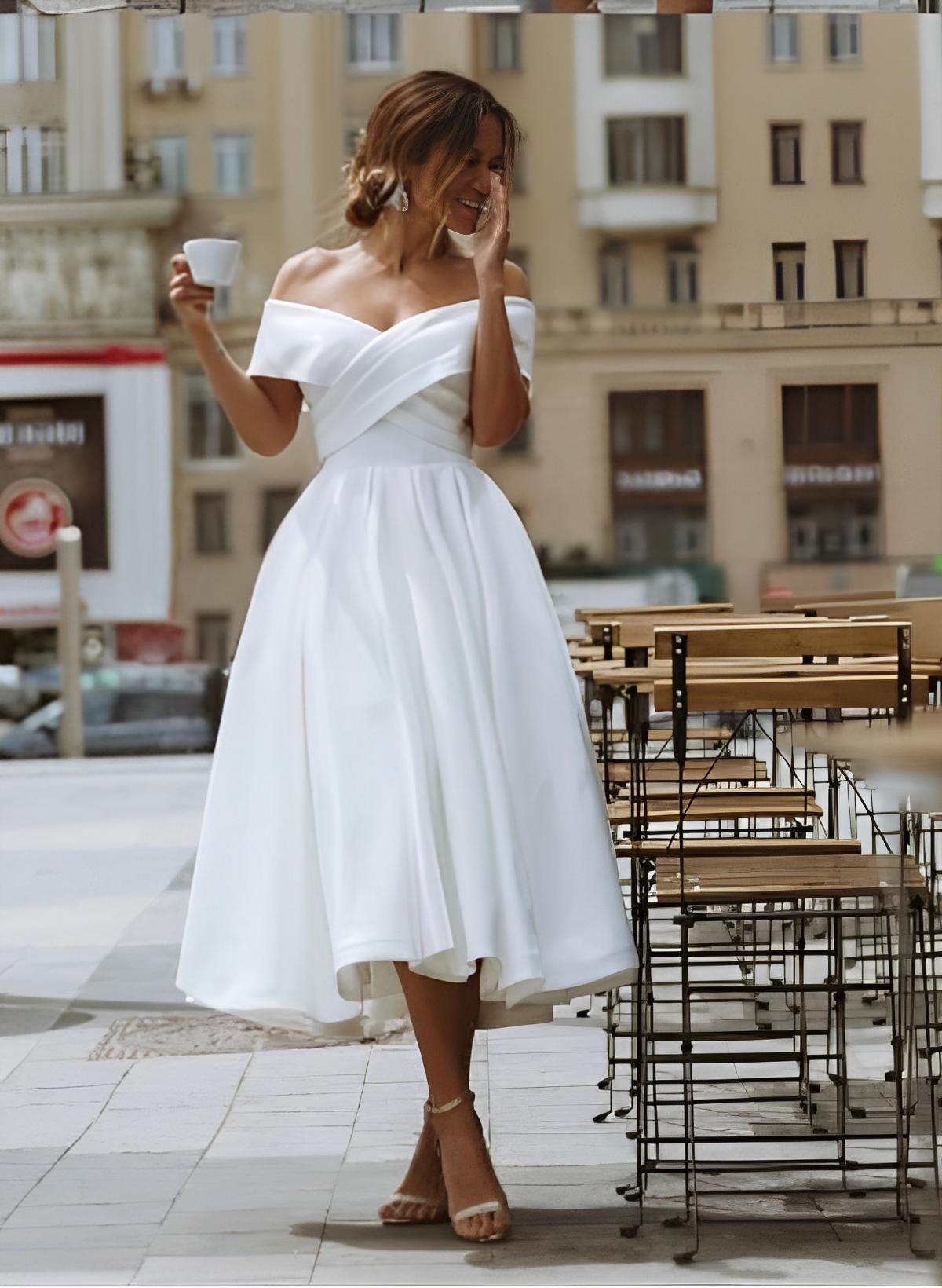 Off-The-Shoulder Sleeveless Satin Tea-Length Wedding Dress