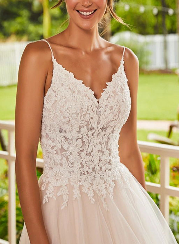 V-Neck Ball-Gown Wedding Dresses With Lace/Tulle Sweep Train and Appliques