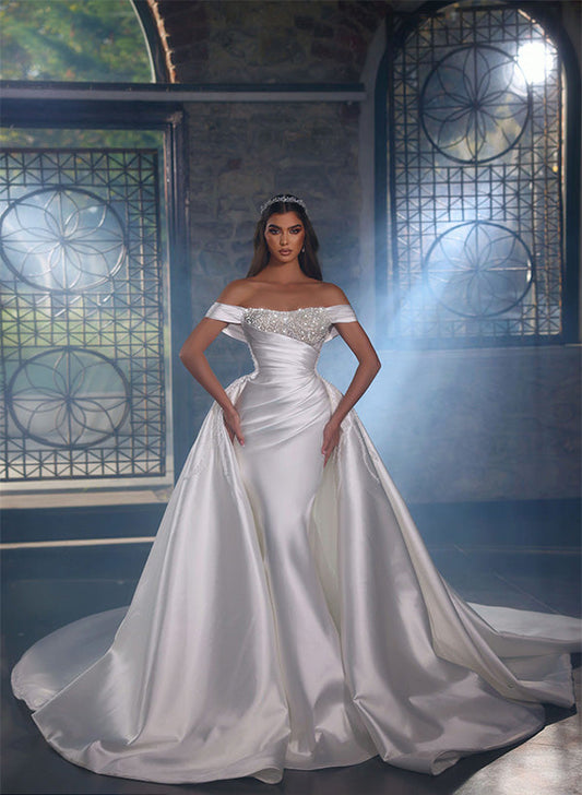 Off-The-Shoulder Chapel Train Satin Wedding Dresses With Rhinestone