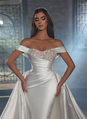 Off-The-Shoulder Chapel Train Satin Wedding Dresses With Rhinestone