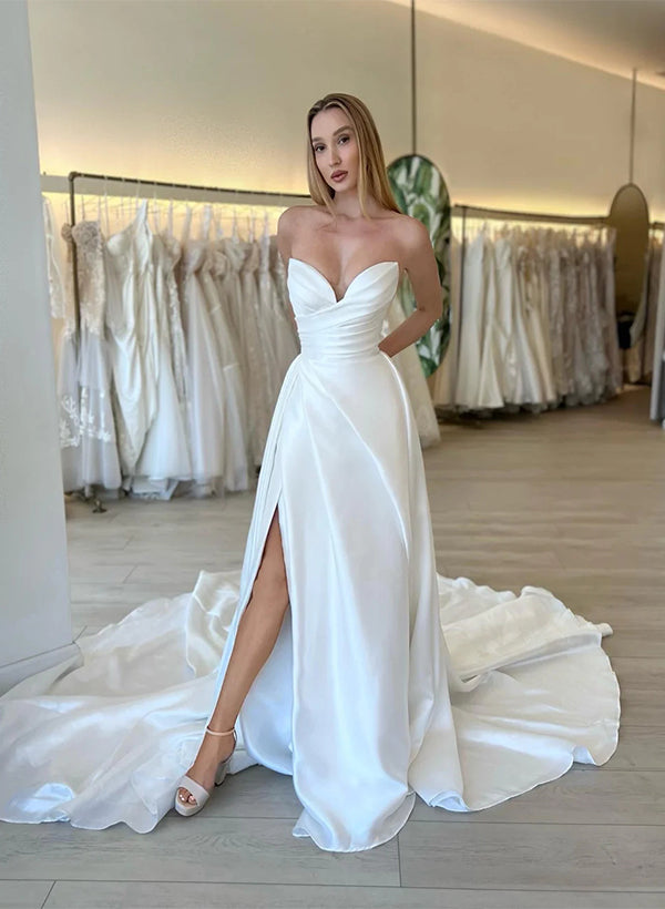 A-Line Sweetheart Long Sleeves Wedding Dresses With Split Front