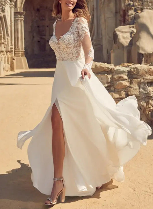 A-Line V-neck Long Sleeves Lace/Tulle Wedding Dresses With Front Split