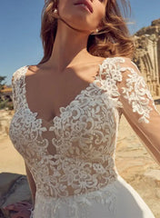 A-Line V-neck Long Sleeves Lace/Tulle Wedding Dresses With Front Split