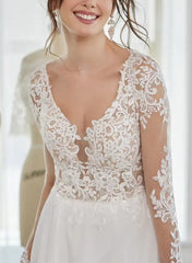 A-Line V-neck Long Sleeves Lace/Tulle Wedding Dresses With Front Split