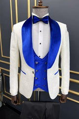 Rod Fancy Blue Velvet Shawl Lapel 3-Piece Jacquard Wedding Suit