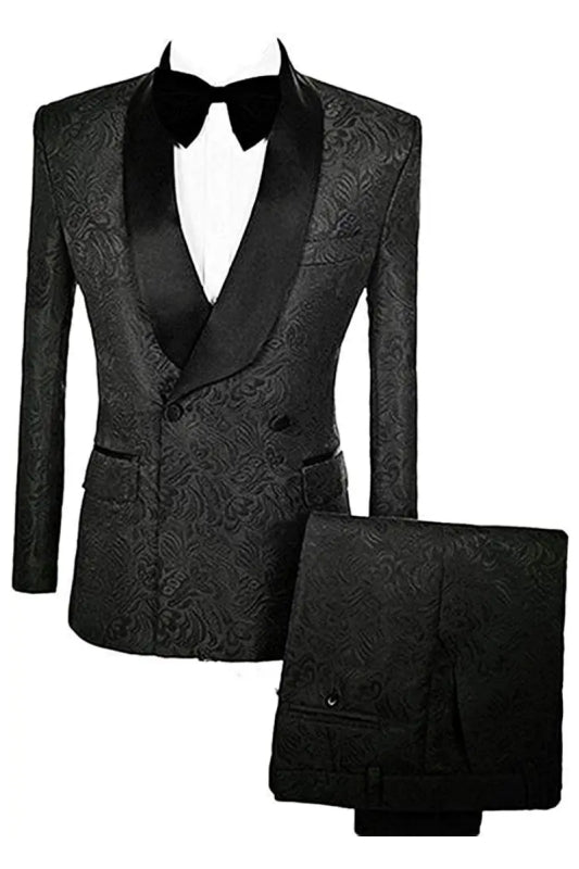 Madison Black Double-Breasted Jacquard Wedding Suit with Velvet Lapel